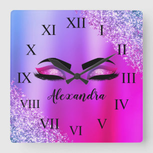 Horloge Carrée Monogramme rose pourpre Parties scintillant Eyelas