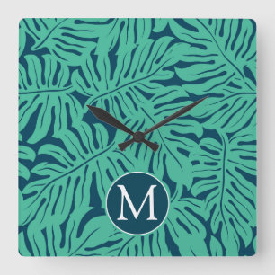 Horloge Carrée Monogramme tropical du motif de feuille de