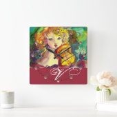 HORLOGE CARRÉE MONOGRAMME VIOLINISTE, VIOLIN ET CAT (Maison)