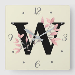 Horloge Carrée Monogramme W avec fleurs roses en spray