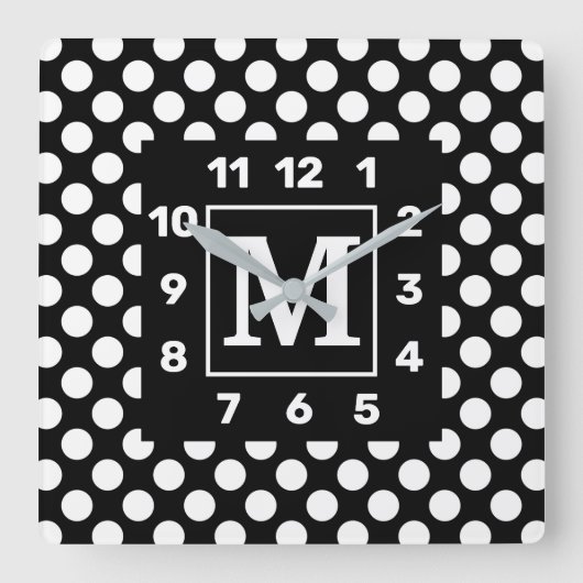 Horloge Carrée Monogrammed BW Polka Dot Square Wall Clock (Recto)