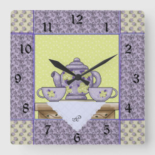 Horloge Carrée Monogrammed Teapot Quilt Patch Wall Clock