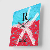 Horloge Carrée Monogrammes Initiales Turquoise Amidon rouge parkl (Angle)