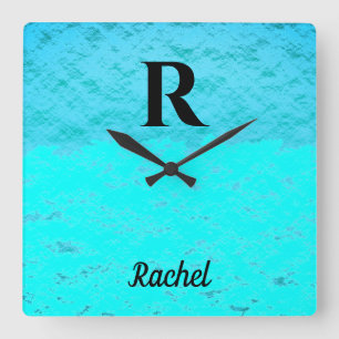 Horloge Carrée Monogrammes Initiales Turquoise bleu turquoise Pas