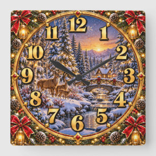 Horloge Carrée Montagne de cerfs de Noël Merveilleux pays d'hiver