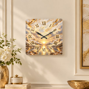 Horloge Carrée Montagne dorée au lever du soleil en chiffres roma
