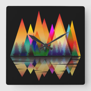 HORLOGE CARRÉE MONTAGNES COLORÉES FORMES NATURE FORÊT