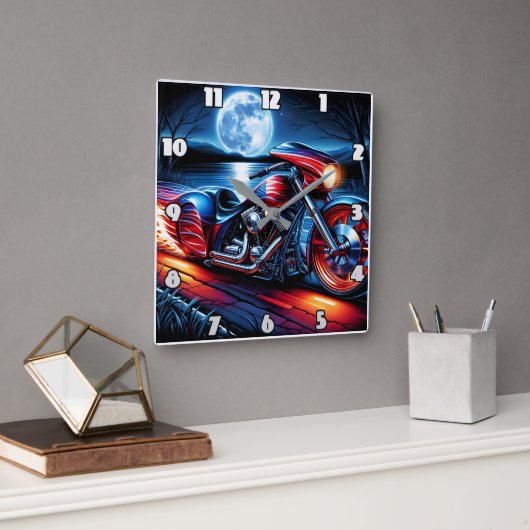 Horloge Carrée Montée sur la Lune avec vélo orné de drapeau (Bureau)