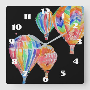 Horloge Carrée Montgolfière Aquarelle Noir Nurserie Enfant