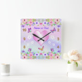 Horloge Carrée Montre Fleurs Papillons Rose Violet avec Nom (Maison)