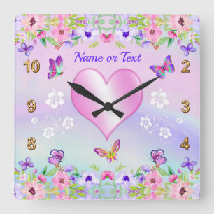 Horloge Carrée Montre Fleurs Papillons Rose Violet avec Nom