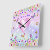 Horloge Carrée Montre Fleurs Papillons Rose Violet avec Nom (Angle)