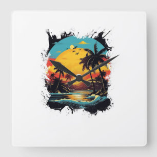Horloge Carrée Montre Murale Coucher de Soleil Tropical
