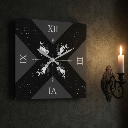 Horloge Carrée Moody Black Silver Witchy Goth Home Décor