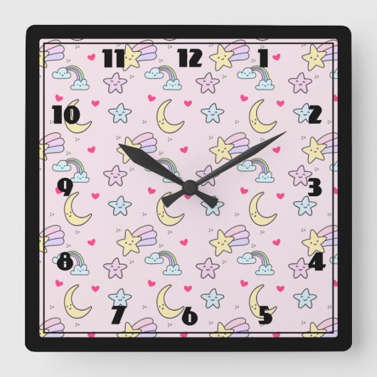 Horloge Carrée Moon, Stars and Clouds Pattern on Rose (Recto)