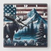 Horloge Carrée Moose Against Mountain et Arrière - plan du drapea (Recto)