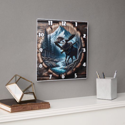 Horloge Carrée Moose majestueuse par ruisseau dans Paysage de mon (Bureau)