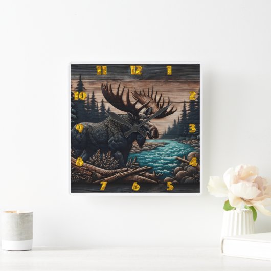 Horloge Carrée Moose majestueuse par Serene Forest River (Maison)
