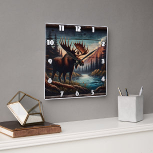 Horloge Carrée Moose majestueuse par Tranquil Mountain Stream
