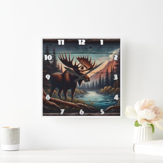Horloge Carrée Moose majestueuse par Tranquil Mountain Stream (Maison)
