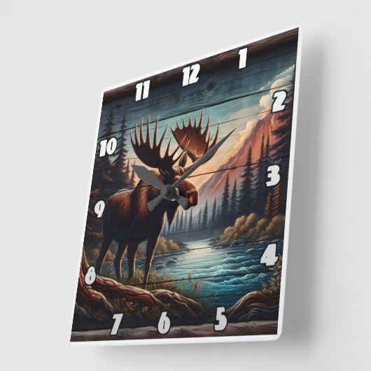 Horloge Carrée Moose majestueuse par Tranquil Mountain Stream (Angle)