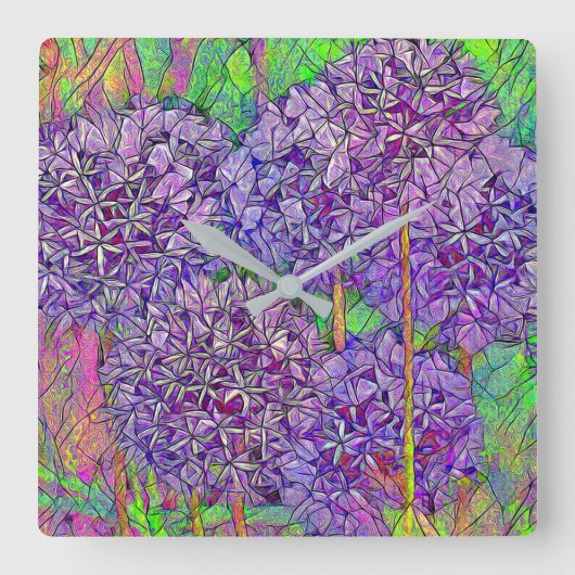 Horloge Carrée Mosaïque d'Allium pourpre avec effets d'aquarelle (Recto)