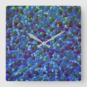 Horloge Carrée Mosaïque de bleu lilas et de vert éclaboussé ou fu