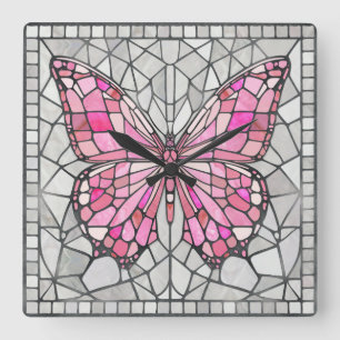 Horloge Carrée Mosaïque de papillon - Conte de fées rose et gris