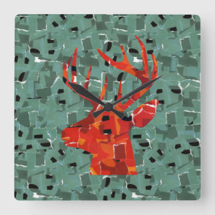 Horloge Carrée Mosaïque de silhouette de tête de cerf