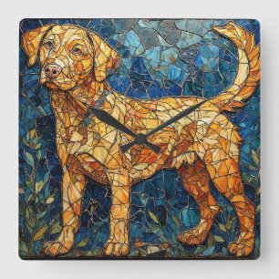 Horloge Carrée Mosaïque de verre coloré de chien Goldador