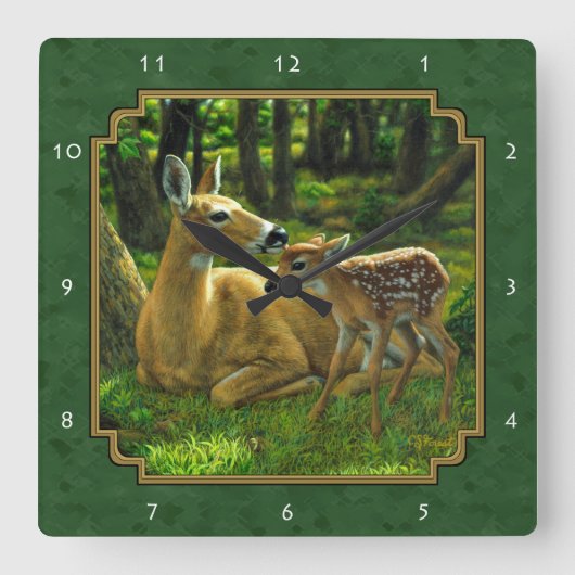 Horloge Carrée Mother Deer and Fawn Forest Green (Recto)