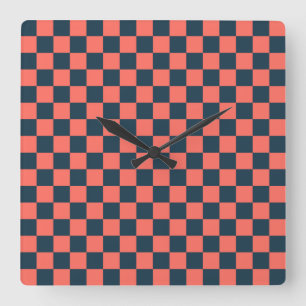 Horloge Carrée Motif à carreaux corail et marine