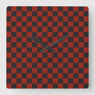 Horloge Carrée Motif à carreaux noir et rouge profond