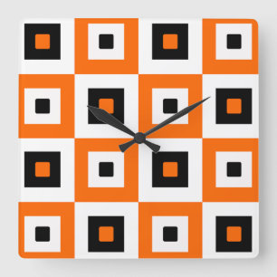 Horloge Carrée Motif à carrés à carreaux orange noir et blanc