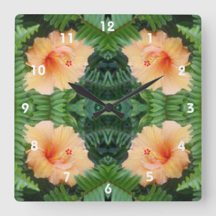Horloge Carrée Motif à fleurs d'Hibiscus orange