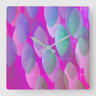 Horloge Carrée Motif Abstrait Moderne Magenta Violet Rose Cyan