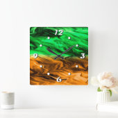Horloge Carrée motif Abstrait tacheté en vert orange (Maison)