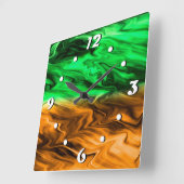 Horloge Carrée motif Abstrait tacheté en vert orange (Angle)