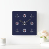 Horloge Carrée Motif blanc et bleu rouge d'Ancre (Maison)