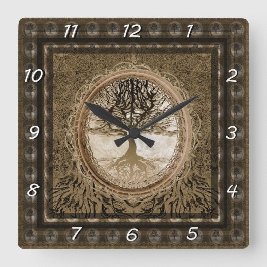 Horloge Carrée Motif Brown de l'arbre de vie (Recto)
