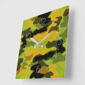 Horloge Carrée Motif camouflage vert jaune (Angle)