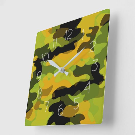 Horloge Carrée Motif camouflage vert jaune (Angle)