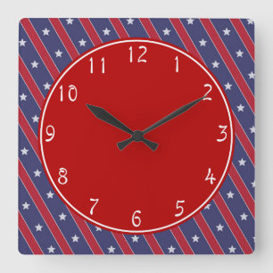 Horloge Carrée Motif Cercle Rouge Bandes Bleues Étoiles Blanches