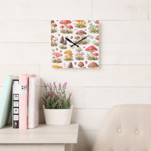 Horloge Carrée Motif Champignon Fantaisiste – Botanique Vintage