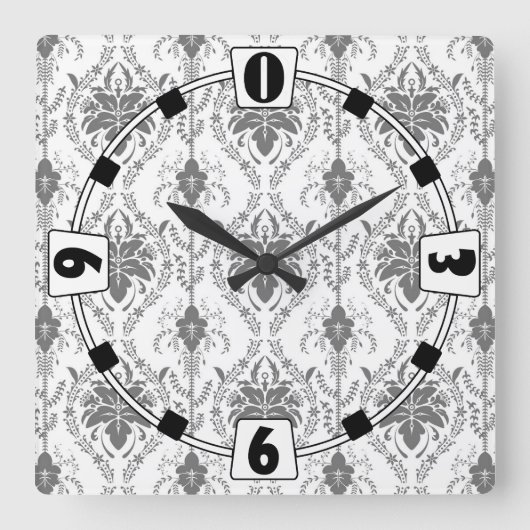 Horloge Carrée Motif Damask blanc et gris (Recto)