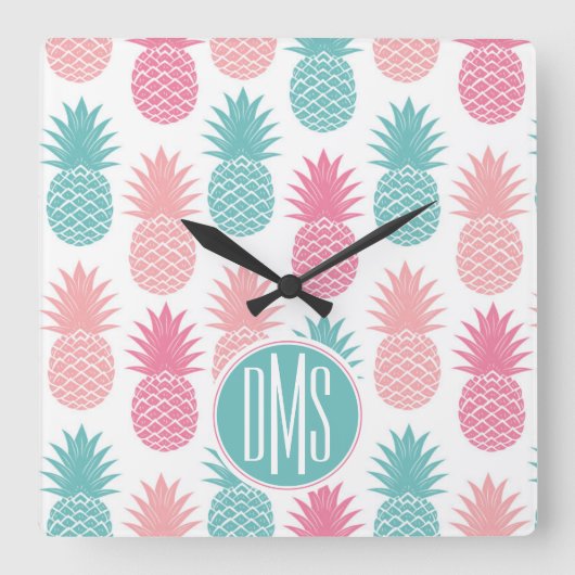 Horloge Carrée Motif d'ananas vintage | Monogramme (Recto)