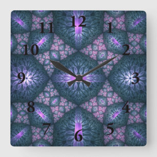Horloge Carrée Motif d'art fractal 3D rose violet turquoise
