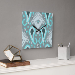 Horloge Carrée Motif d'art tribal Ikat bleu turquoise gris audaci
