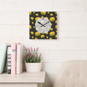 Horloge Carrée Motif de burger délicieux et amusant avec des chif