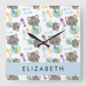 Horloge Carrée Motif De Chats, Chats Mignons, Chatons, Votre Nom (Recto)